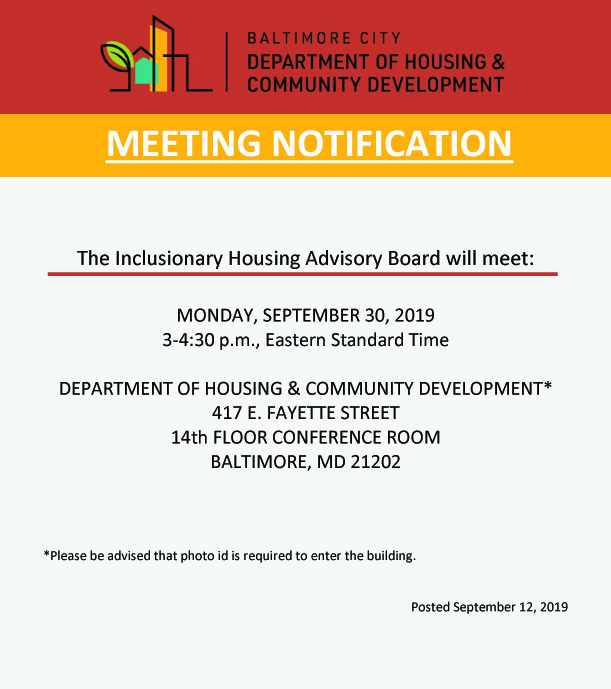 Inclusionary Housing Advisory Board Meeting Notification-September 2019
